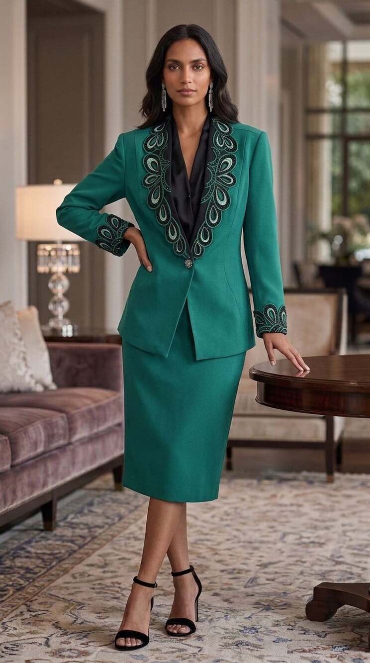 Lillian West Skirt Suit Size 4 Green Beaded Two Piece Set